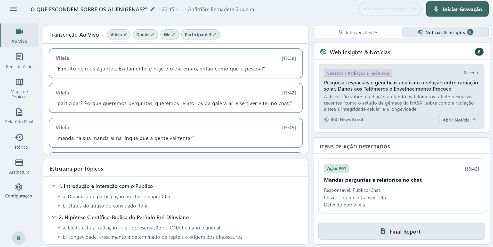 Interface Principal do CogniMeet - Transcrição ao Vivo, Tópicos, Web Insights e Itens de Ação